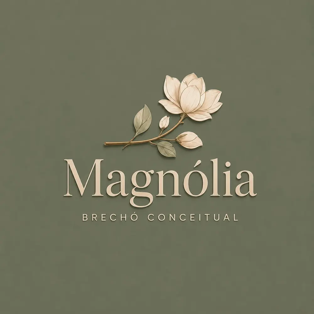 Logo original da Magnólia Brechó Conceitual, com uma flor sobre fundo verde-oliva